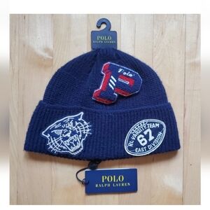 Polo Ralph Lauren Navy Blue TIGER - BIG P - FOOTBALL Patch Knit Beanie Hat NWT